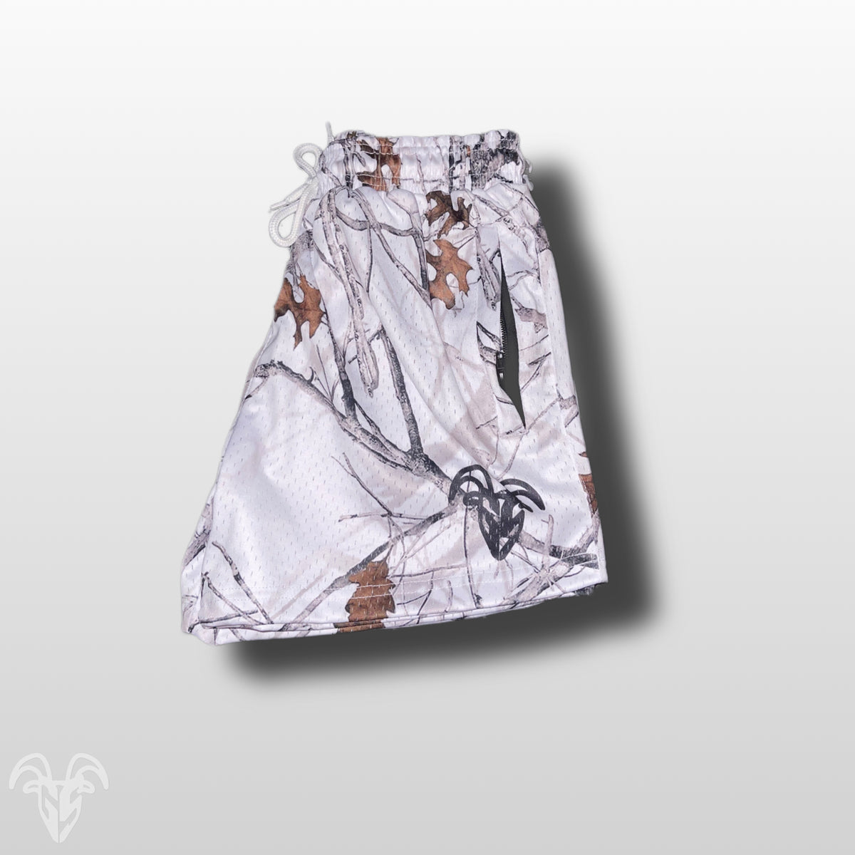 Goat Strength Final Stock – White Camo 5-Inch Mesh Shorts