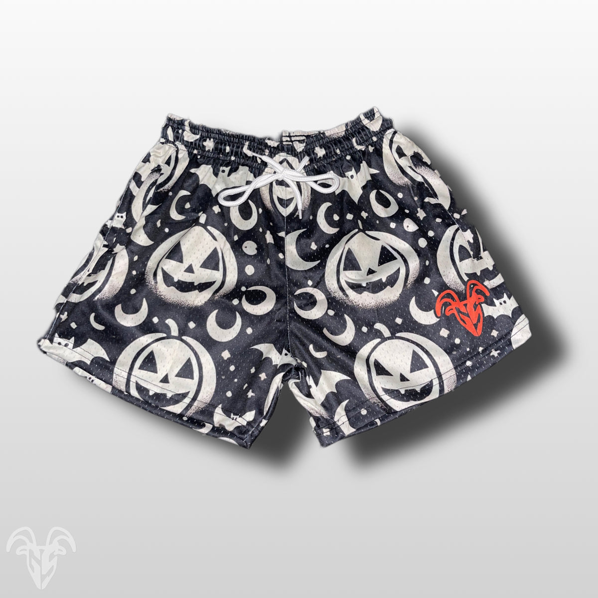 Goat Strength Final Stock – Black & White Jack-o’-Lantern 5-Inch Mesh Shorts