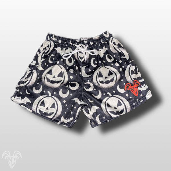 Goat Strength Final Stock – Black & White Jack-o’-Lantern 5-Inch Mesh Shorts