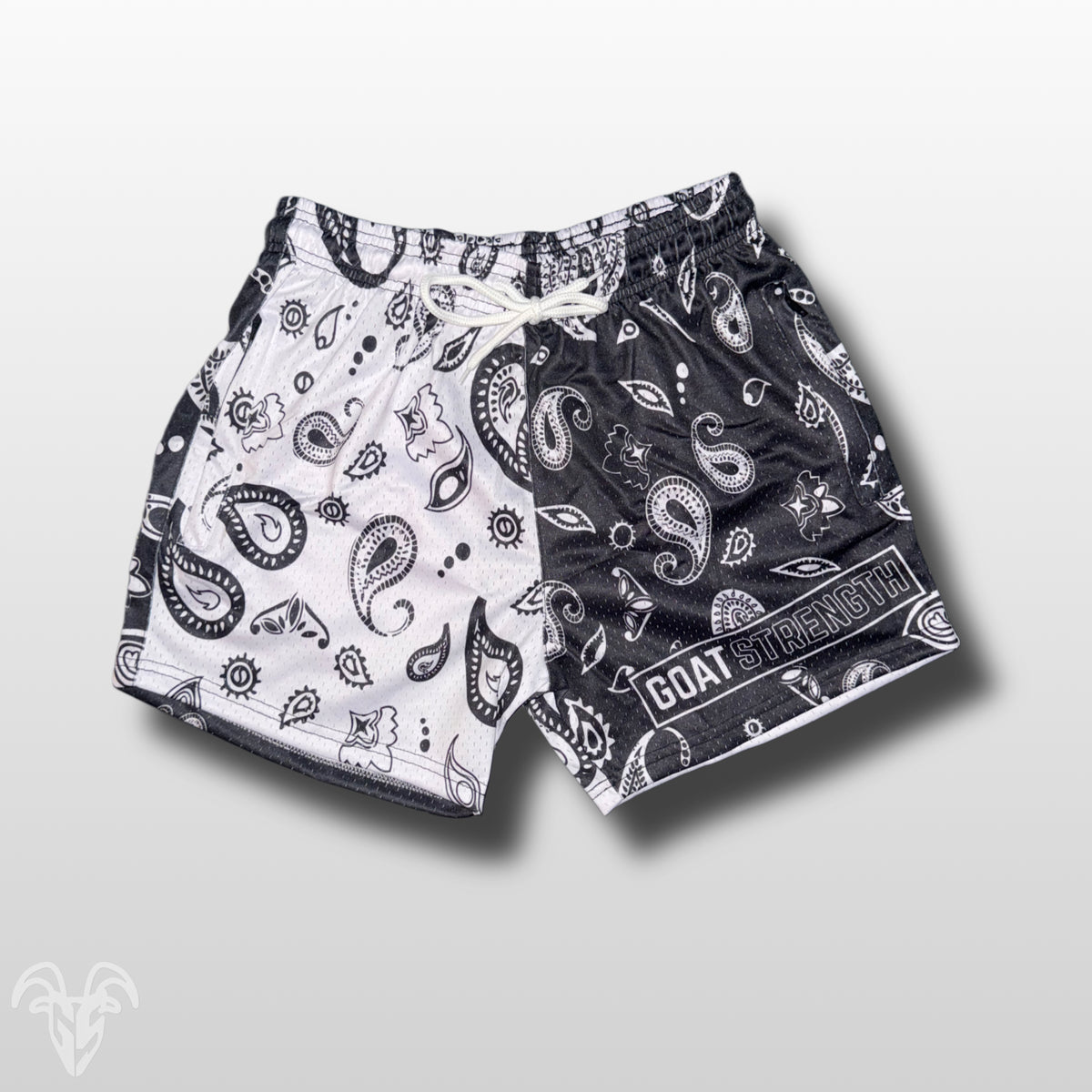 Goat Strength Final Stock – Black & White Bandana 5-Inch Mesh Shorts