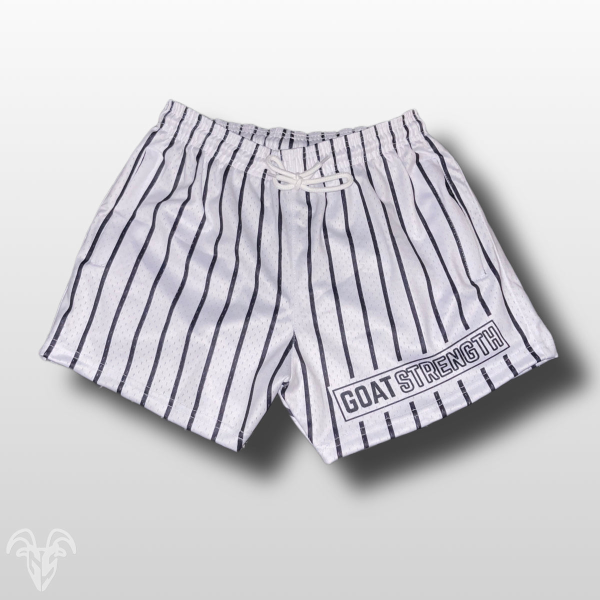 Goat Strength Final Stock – White Pinstripe 5-Inch Mesh Shorts