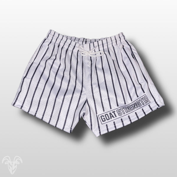Goat Strength Final Stock – White Pinstripe 5-Inch Mesh Shorts