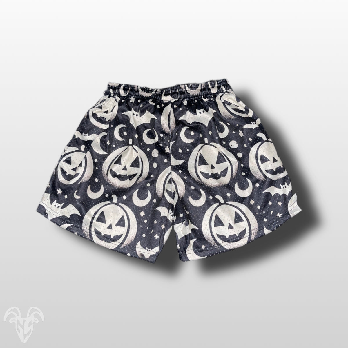 Goat Strength Final Stock – Black & White Jack-o’-Lantern 5-Inch Mesh Shorts