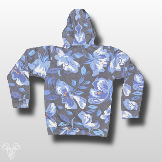 Goat Strength Blue Floral Pattern Hoodie - White Washed Acid Washed Sweater for Men & Women Sweaters, Realistic Floral Design Cotton Blend