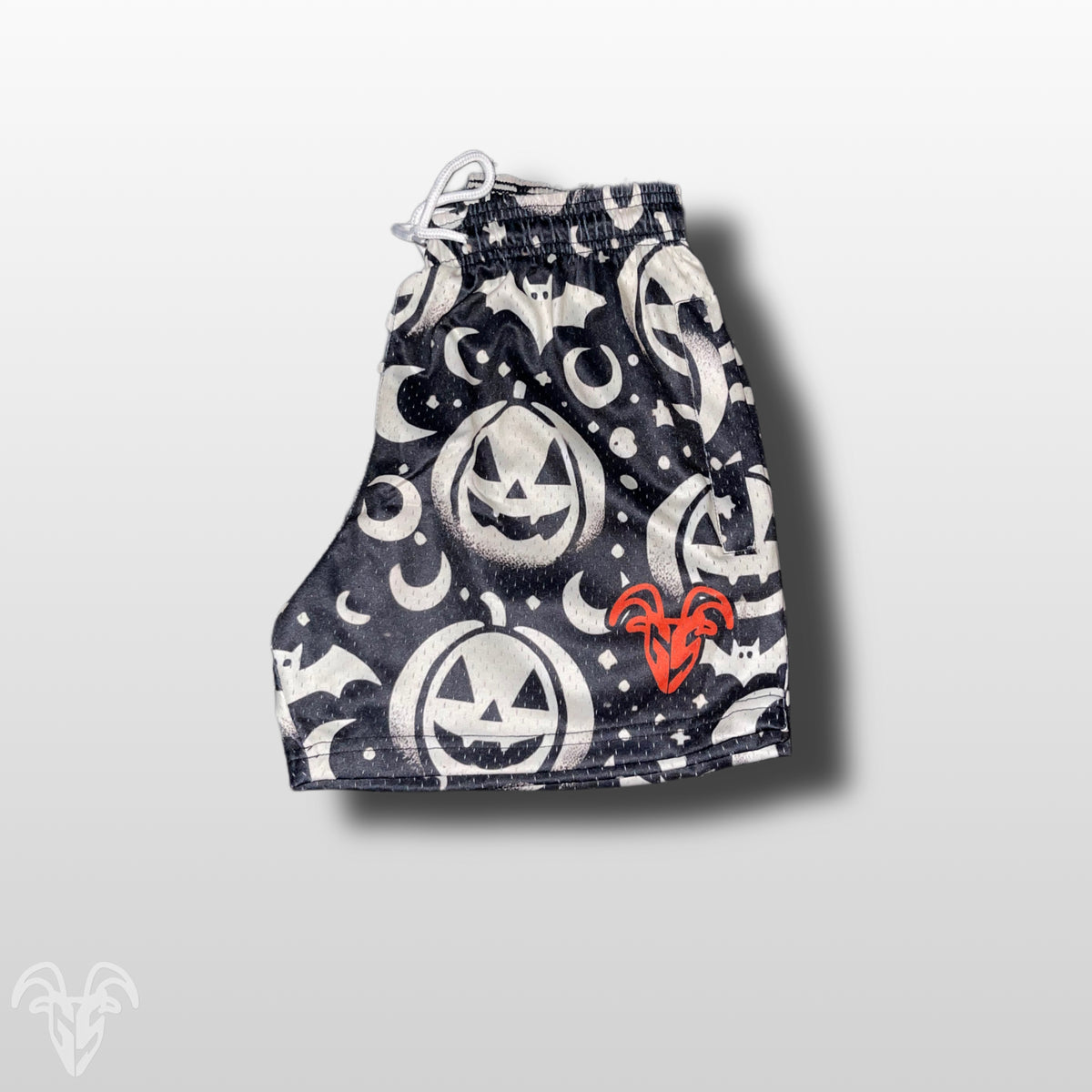 Goat Strength Final Stock – Black & White Jack-o’-Lantern 5-Inch Mesh Shorts