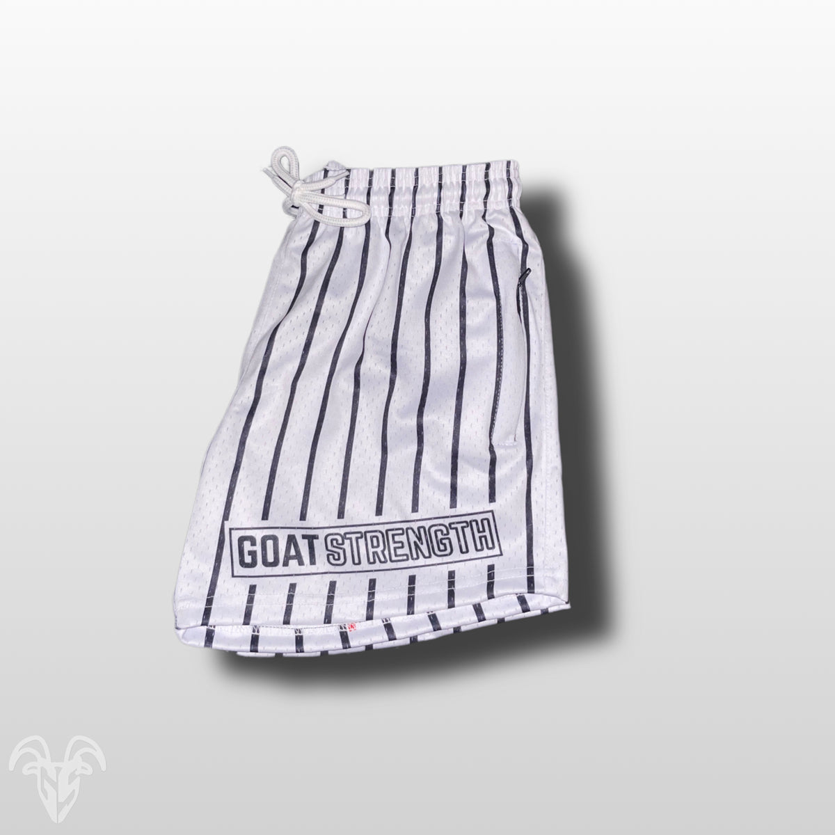 Goat Strength Final Stock – White Pinstripe 5-Inch Mesh Shorts
