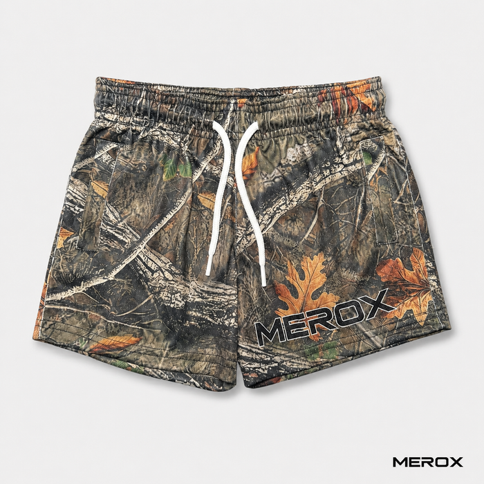 MEROX Youth woodland camo mesh shorts front view